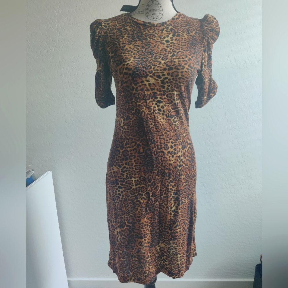 🆕 Catherine Malandrino leopard Cheetah animal print ruched safari midi Dress_XS